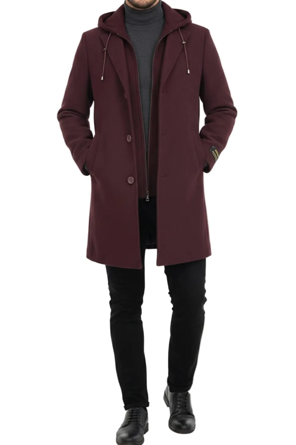 (M) Burgundy Wool Slim Fit Top Coat with Hoodie