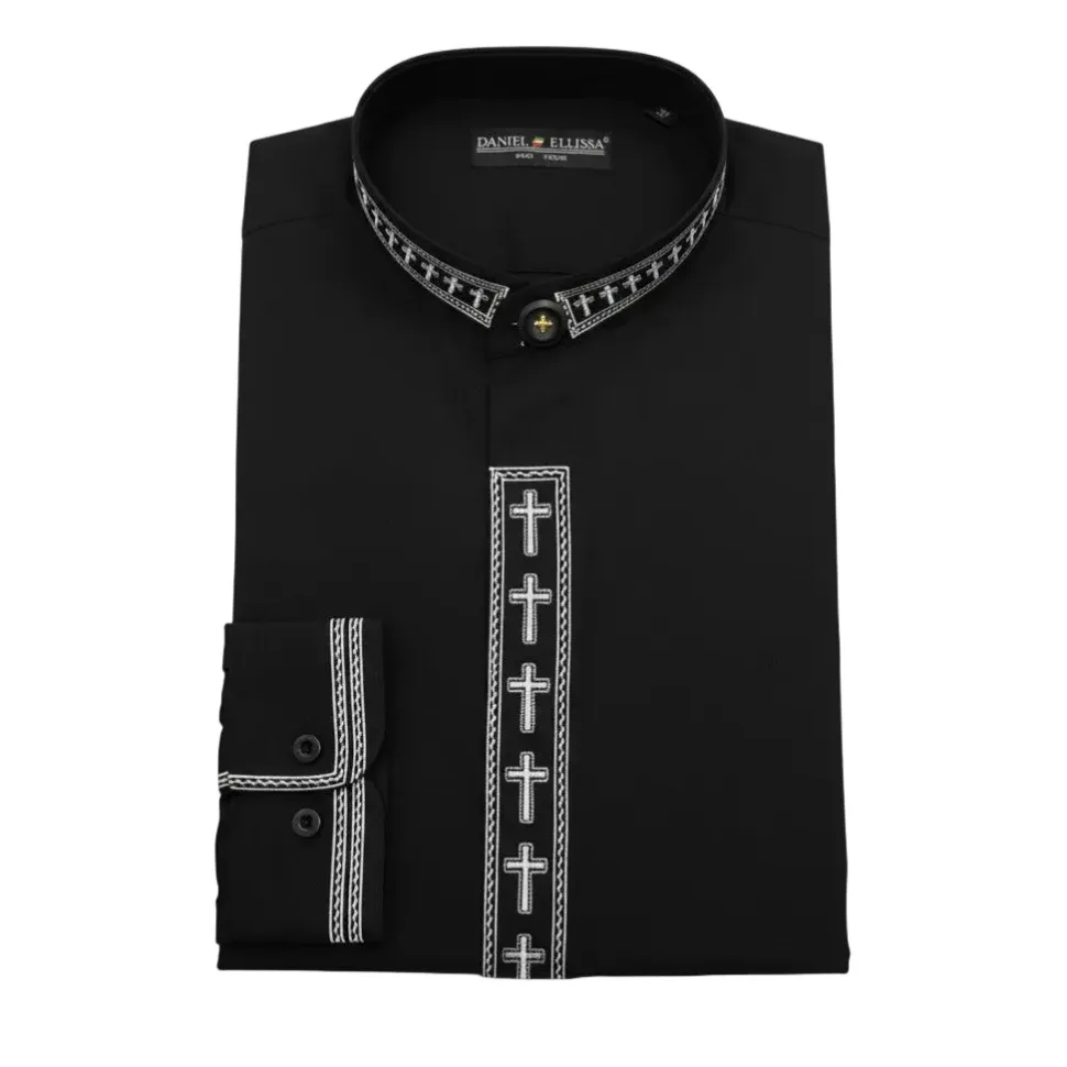 Men's Banded Collar Embroidered Convertible Cuff Shirt in Black/White