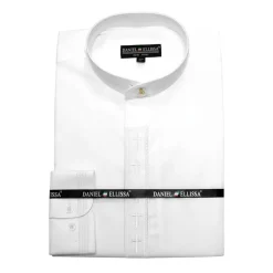 Men's Banded Collar Embroidered Convertible Cuff Shirt in White/White