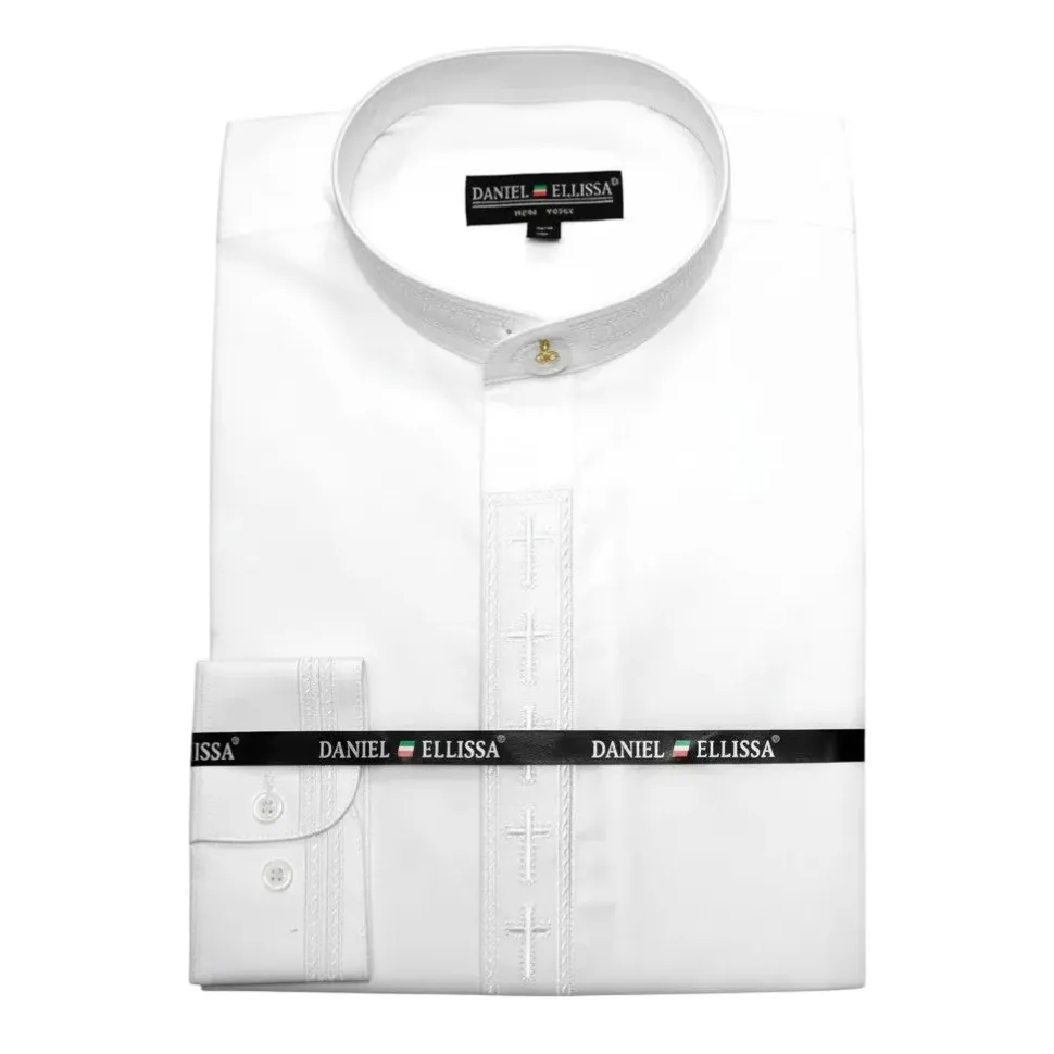 Men's Banded Collar Embroidered Convertible Cuff Shirt in White/White