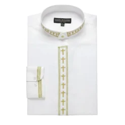 Men's Banded Collar Embroidered Shirt in White/Gold
