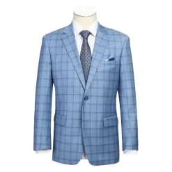 Men's Blue Classic Fit 100% Wool Plaid Blazer