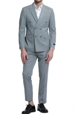 Men's Slim Fit Gray 2 Piece Double Breasted Pinstripe Suit