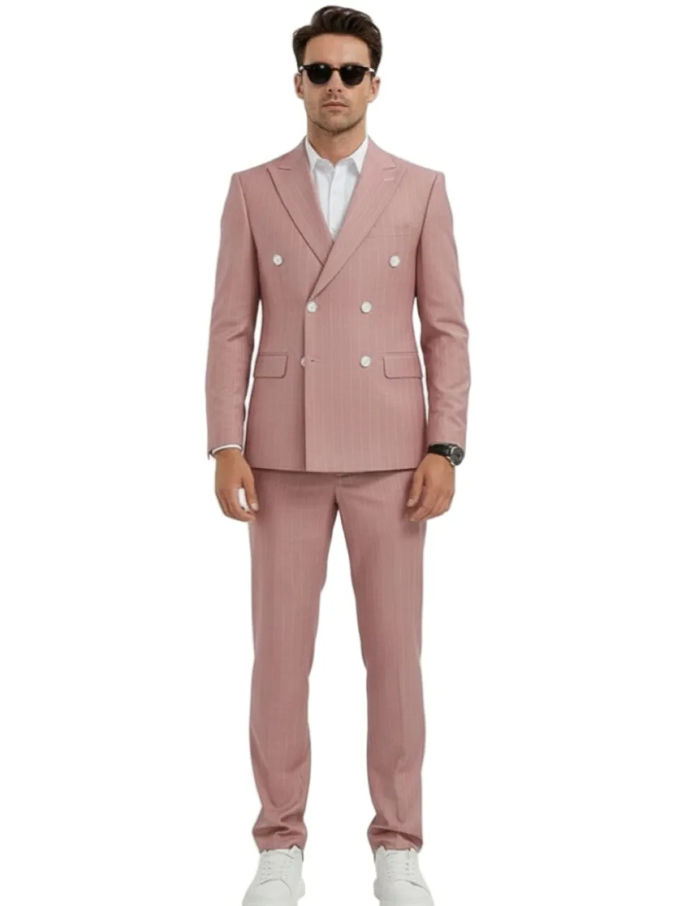 Men's Slim Fit Pink 2 Piece Double Breasted Pinstripe Suit