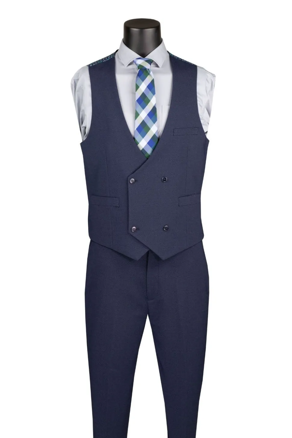 Modern Fit Navy 3 Piece Suit with Vest and Adjustable Waistband Pants