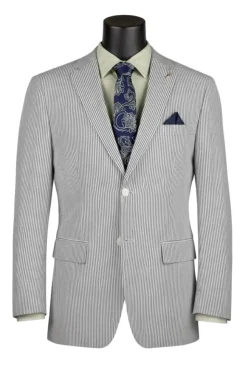 Modern Fit Summer 2 Piece 2 Button Suit Striped Seersucker in Dark Green