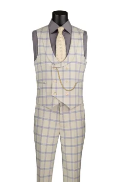 Modern Fit Windowpane Suit 3 Piece with U-Neck Vest in Light Beige