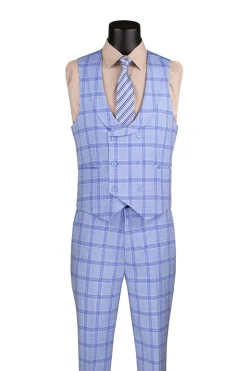 Modern Fit Windowpane Suit 3 Piece with U-Neck Vest in Light Blue