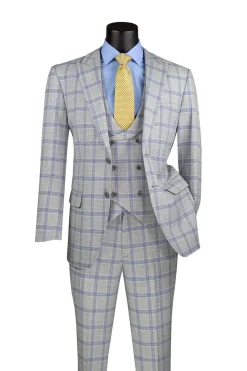 Modern Fit Windowpane Suit 3 Piece with U-Neck Vest in Light Gray