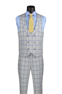 Modern Fit Windowpane Suit 3 Piece with U-Neck Vest in Light Gray