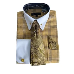 Mustard Glen Plaid French Cuff Dress Shirt Set
