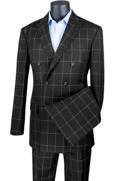 Naples Collection - Black Modern Fit Double Breasted Windowpane Peak Lapel 2 Piece Suit