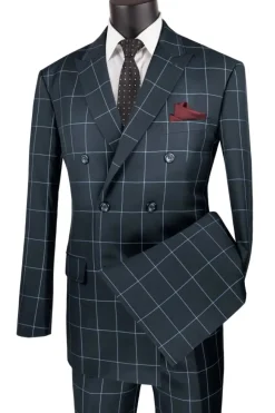 Naples Collection - Gray Modern Fit Double Breasted Windowpane Peak Lapel 2 Piece Suit