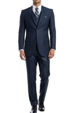Navy Blue 3 Piece Modern Fit Suit 2 Button V-Neck Vest