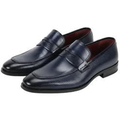 Navy Leather Moc-Toe Strap Penny Loafer