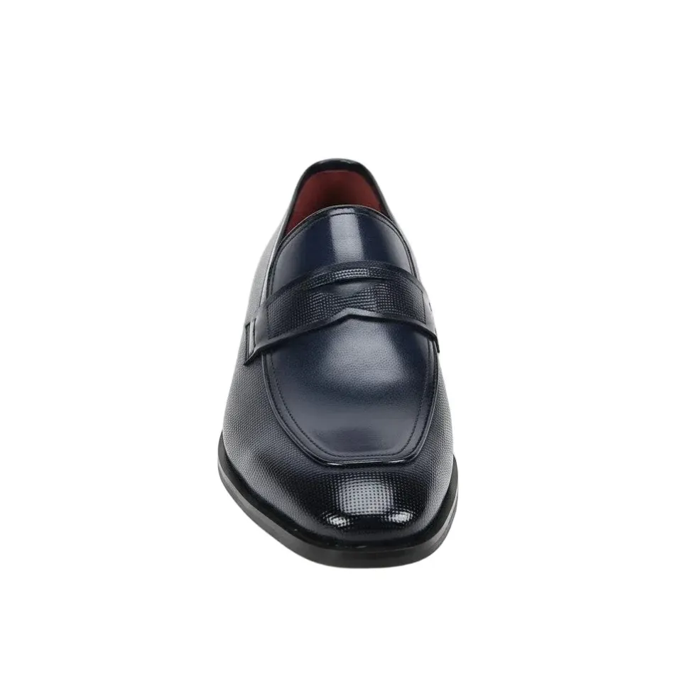 Navy Leather Moc-Toe Strap Penny Loafer