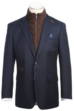 Navy Regular Fit 2 Button Mini Check Blazer with Bib
