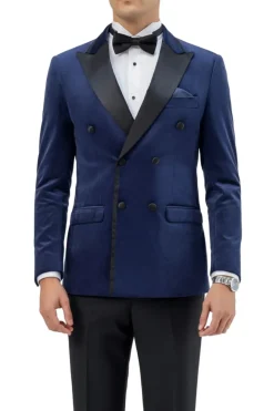 Navy Slim Fit Double Breasted Velvet Jacket