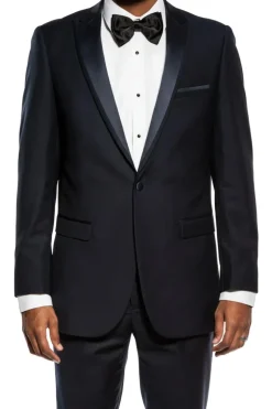 Navy Slim Fit 2 Piece Tuxedo With Satin Peak Lapel