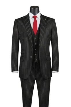 Odyssey Collection - Black Regular Fit Bold Stripes 3-Piece Suit With Adjustable Waistband Pants