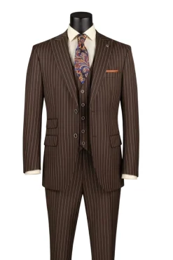 Odyssey Collection - Brown Regular Fit Bold Stripes 3-Piece Suit With Adjustable Waistband Pants