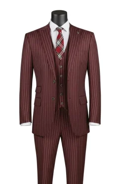 Odyssey Collection - Burgundy Regular Fit Bold Stripes 3-Piece Suit With Adjustable Waistband Pants