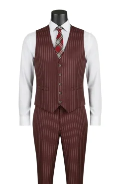Odyssey Collection - Burgundy Regular Fit Bold Stripes 3-Piece Suit With Adjustable Waistband Pants