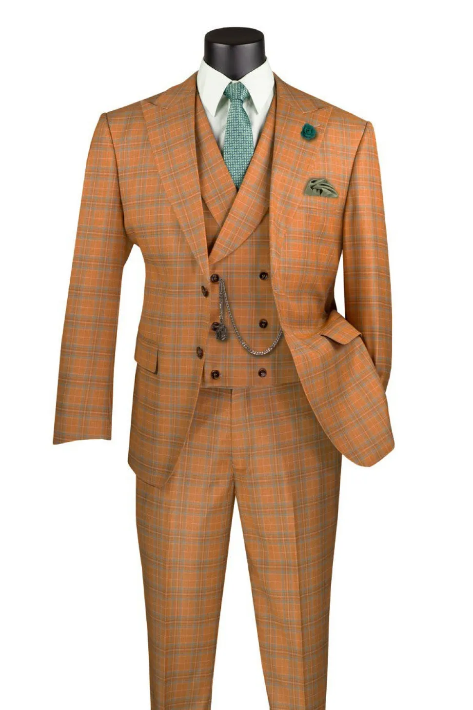 Orange Modern Fit Windowpane Peak Lapel 3 Piece Suit