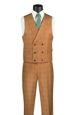Orange Modern Fit Windowpane Peak Lapel 3 Piece Suit
