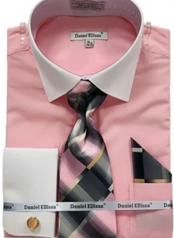 Pink Geometric Jacquard Pattern French Cuff Dress Shirt Set