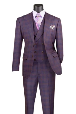 Purple Modern Fit Windowpane Peak Lapel 3 Piece Suit