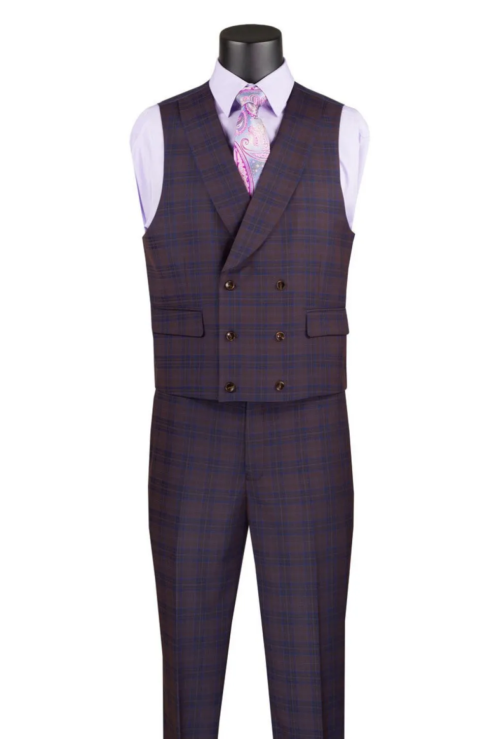 Purple Modern Fit Windowpane Peak Lapel 3 Piece Suit