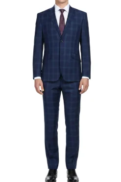 (46R) Classic Wool Regular Fit 2 Piece Checked Dress Suit in Blue