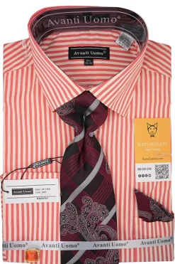 Red and White Striped French Cuff Dress Shirt Set with Tie, Cuff Links and Pocket Square