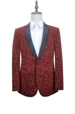Red Slim Fit Floral Pattern Jacket Shawl Lapel