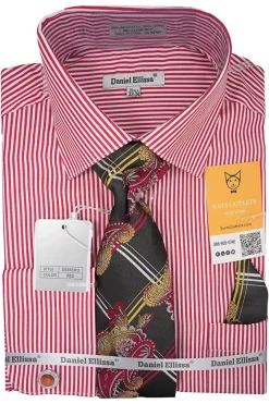 Red White Bold Stripe French Cuff Dress Shirt with Tie, Cuff Links and Pocket Square