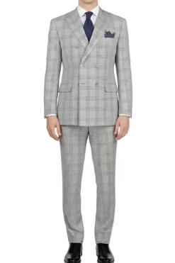 Regular Fit Light Gray Glen Plaid Double Breasted 2-Piece Suit