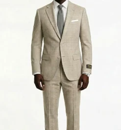 Regular Fit 2 Piece Plaid Suit in Taupe