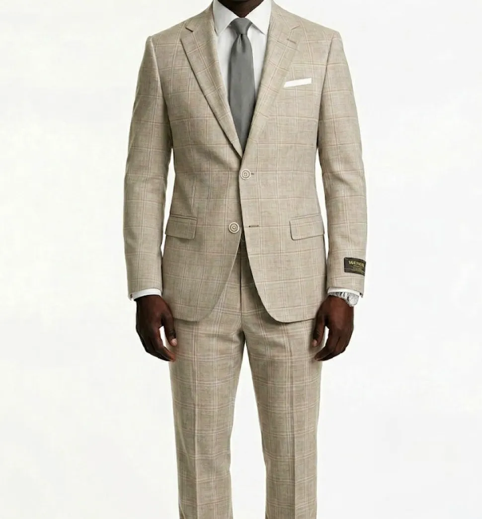 Regular Fit 2 Piece Plaid Suit in Taupe