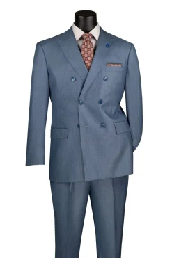 Regular Fit Smoke Blue Double Breasted 2 Piece Sharkskin Suit with Adjustable Waistband Pants