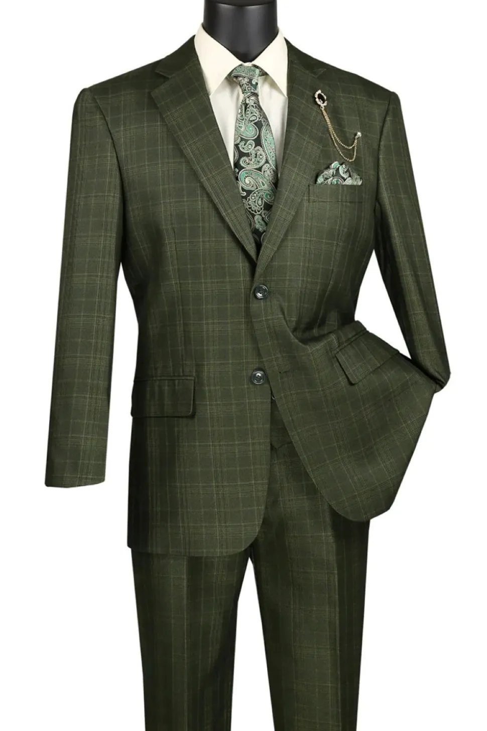 Renaissance Collection - Regular Fit Glen Plaid 3 Piece Suit Olive