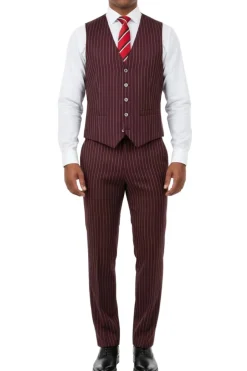 (40R, 42L, 42R, 52L) Regular Fit Burgundy 3 Piece Pinstripe Suit