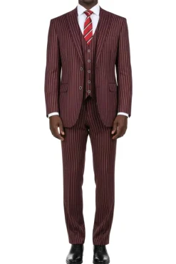 (40R, 42L, 42R, 52L) Regular Fit Burgundy 3 Piece Pinstripe Suit