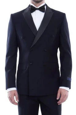 (48R, 50R) Double Breasted Slim Fit Tuxedo Navy with Black Satin Peak Lapel