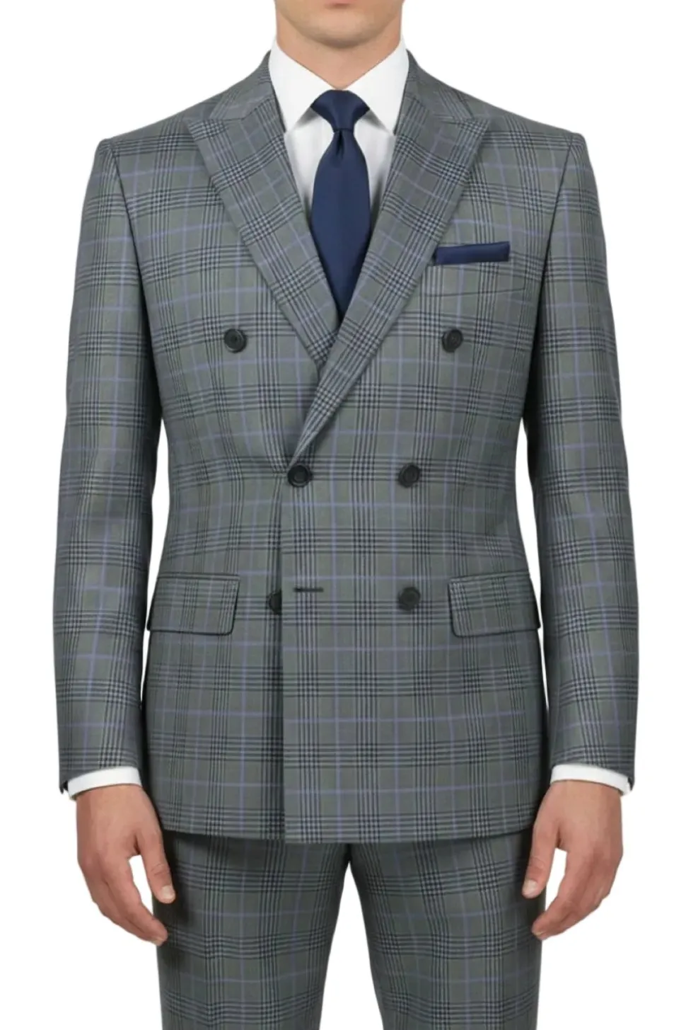 (42R, 46, 54R) Regular Fit Double-Breasted Windowpane Suit - Charcoal