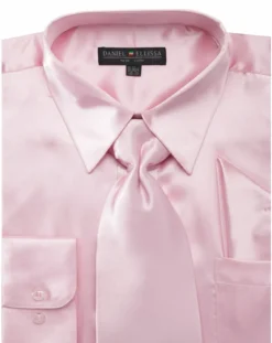 Satin Dress Shirt Convertible Cuff Regular Fit in Pink With Tie And Pocket Square
