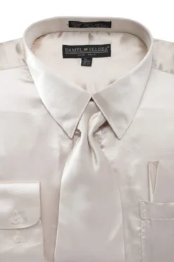 Satin Dress Shirt Convertible Cuff Regular Fit in Beige with Tie & Pocket Square