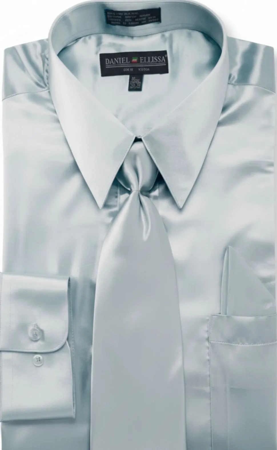Satin Dress Shirt Convertible Cuff Regular Fit in Light Blue With Tie And Pocket Square