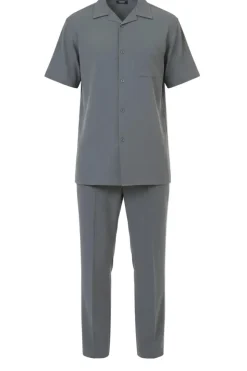 Short Sleeve Summer Walking Suit Set with Flexible Waist Pants - Gray