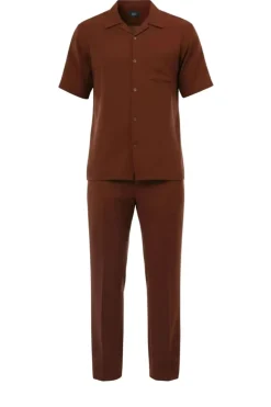 Short Sleeve Summer Walking Suit Set with Flexible Waist Pants - Maroon
